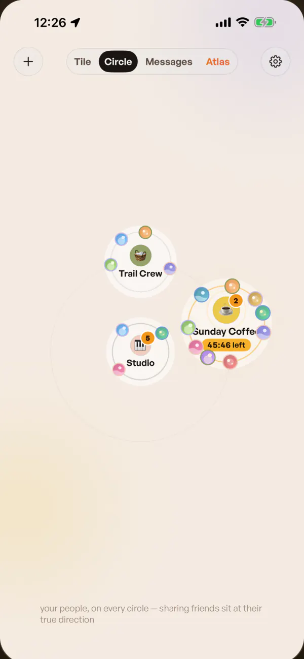 Three circle discs — Trail Crew, Studio and Sunday Coffee — with members' faces around each rim and 45:46 left on the live one.