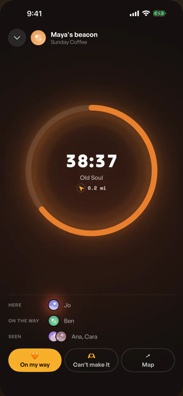 A live beacon: 38:37 left inside a glowing amber ring, Jo here, Ben on the way, and On my way, Can't make it and Map along the bottom.